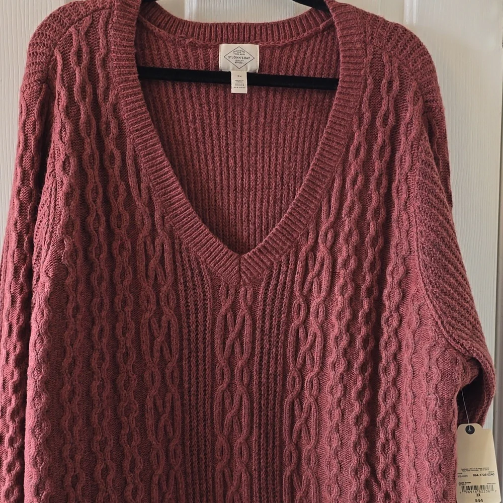 ST. JOHN'S BAY BRAND WOMEN'S PLUS SIZE ROSE CLASSIC V-NECK CABLE SWEATER SIZE 3X